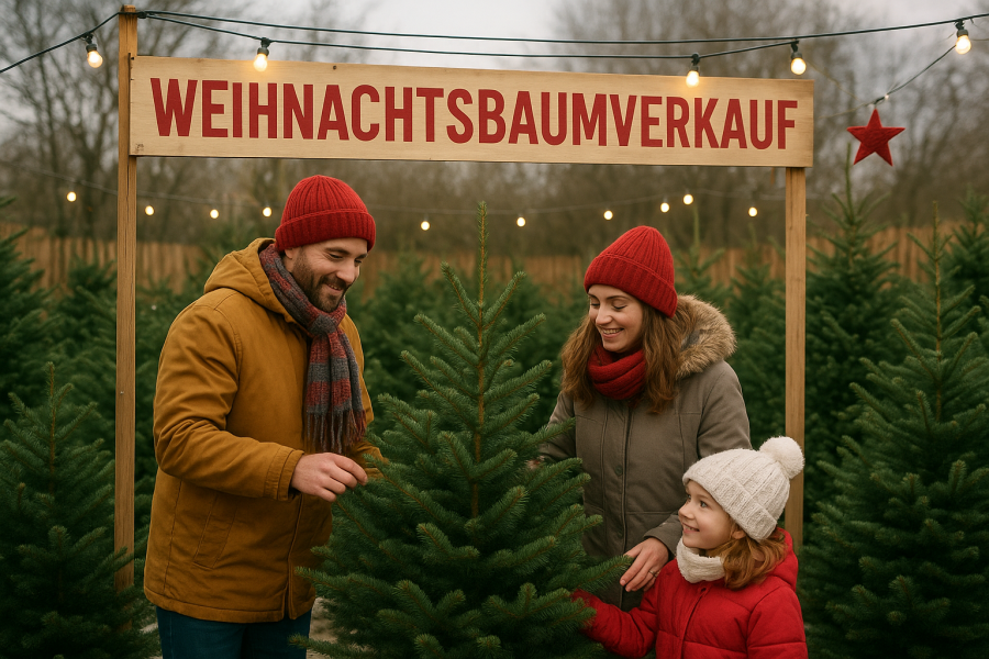 Weihnachsbaumverkauf im winterlichen Licht